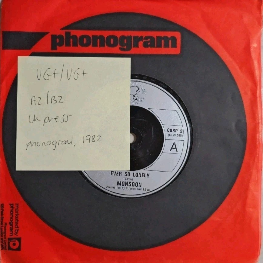 Monsoon Ever So Lonely Vinyl Record 7" VG+/VG+ CORP 2 1982 sleeve Monsoon Ever So Lonely Vinyl Record 7" VG+/VG+ CORP 2 1982 sleeve