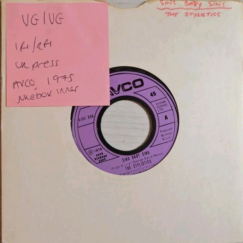 Stylistics Sing Baby Sing Vinyl Record 7" VG/VG 6105035 1975 vinyl record sleeve Stylistics Sing Baby Sing Vinyl Record 7" VG/VG 6105035 1975 vinyl record sleeve
