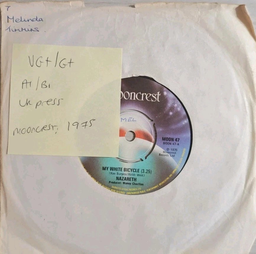 Nazareth My White Bicycle Vinyl Record 7" VG+/G+ MOON47 1975 sleeve Nazareth My White Bicycle Vinyl Record 7" VG+/G+ MOON47 1975 sleeve
