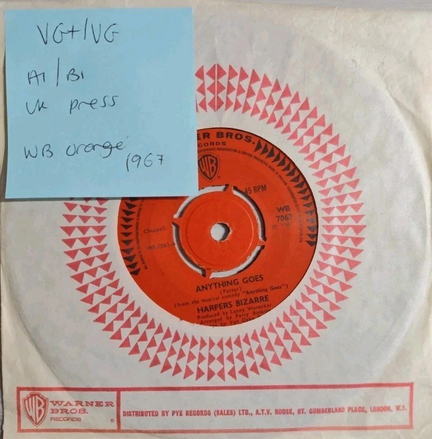 Harpers Bizarre Anything Goes/Malibu Vinyl Record 7" VG+/VG WB 7063 1967 sleeve Harpers Bizarre Anything Goes/Malibu Vinyl Record 7" VG+/VG WB 7063 1967 sleeve