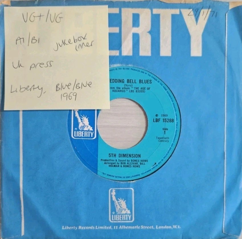 5th Dimension Wedding Bell Blues Vinyl Record 7" VG+/VG LBF 15288 1969 sleeve 5th Dimension Wedding Bell Blues Vinyl Record 7" VG+/VG LBF 15288 1969 sleeve