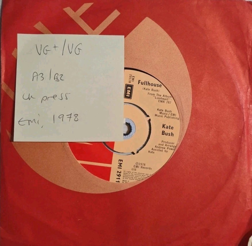 Kate Bush Wow/FullHouse Vinyl Record 7" VG+/VG EMI2911 1978 vinyl record sleeve Kate Bush Wow/FullHouse Vinyl Record 7" VG+/VG EMI2911 1978 vinyl record sleeve