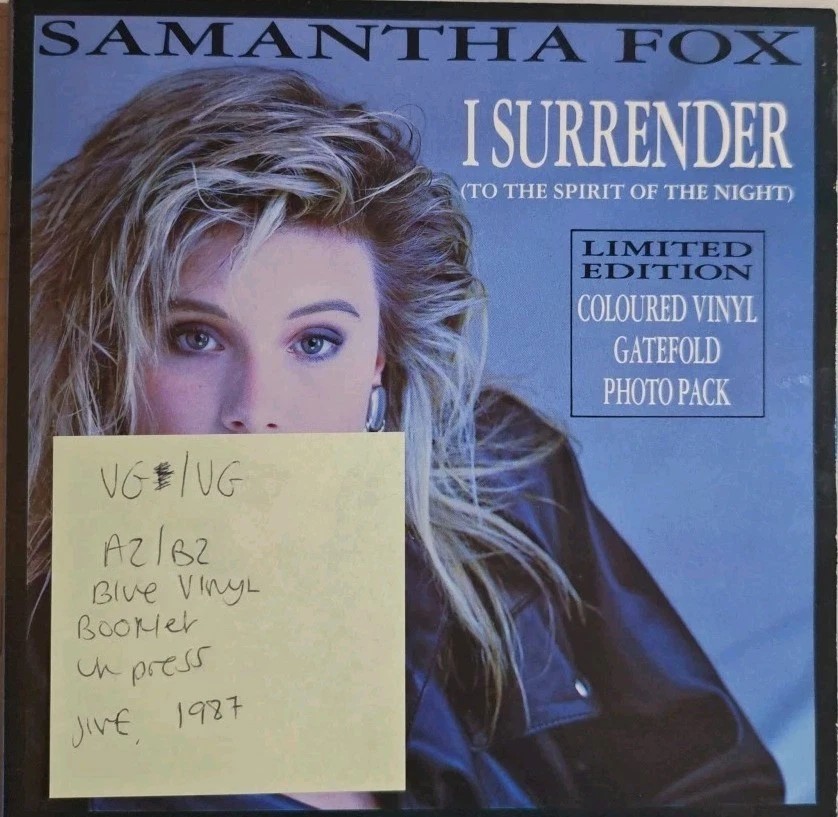 Samantha Fox I Surrender Blue Vinyl Record 7" VG/VG FOXYG6 1987 vinyl record sleeve Samantha Fox I Surrender Blue Vinyl Record 7" VG/VG FOXYG6 1987 vinyl record sleeve