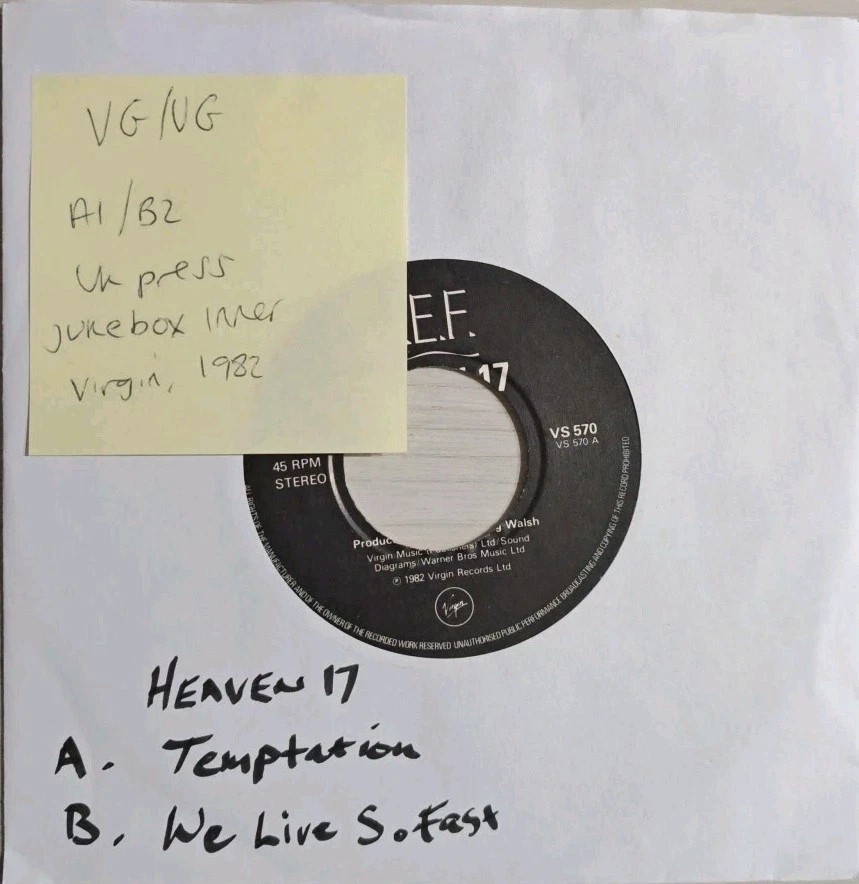 Heaven 17 Temptation Vinyl Record 7" VG/VG VS 570 1982 sleeve Heaven 17 Temptation Vinyl Record 7" VG/VG VS 570 1982 sleeve