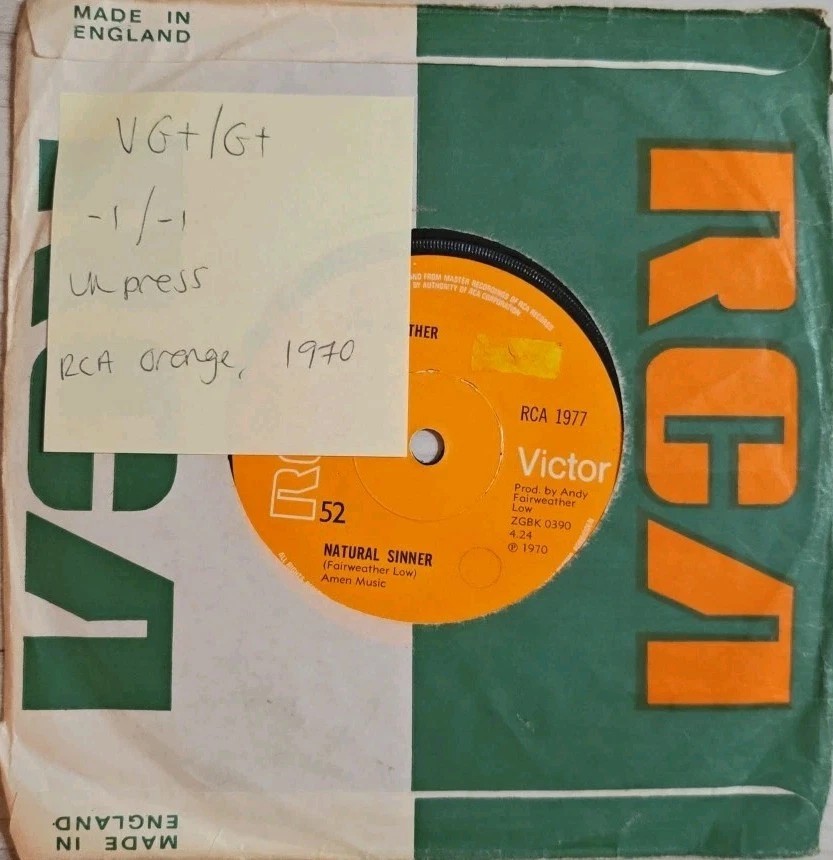 Fair Weather Natural Sinner Vinyl Record 7" VG+/G+ RCA 1977 1970 sleeve Fair Weather Natural Sinner Vinyl Record 7" VG+/G+ RCA 1977 1970 sleeve