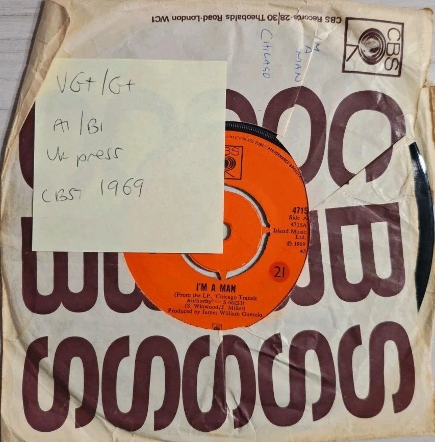 Chicago I'm A Man Vinyl Record 7" VG+/G+ CBS 4715 1969 sleeve Chicago I'm A Man Vinyl Record 7" VG+/G+ CBS 4715 1969 sleeve