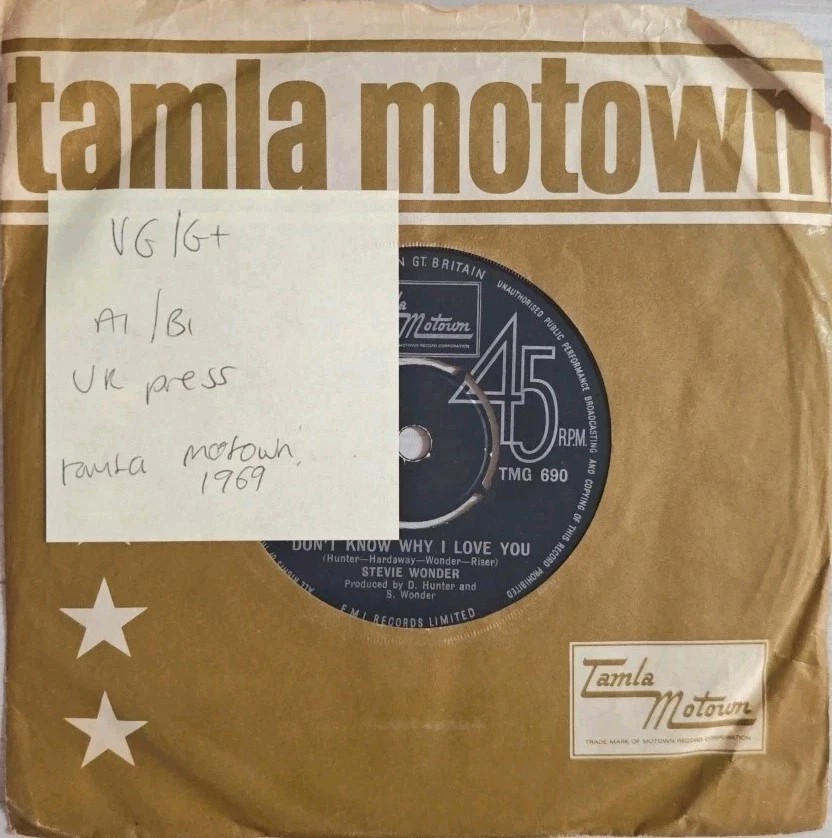 Stevie Wonder I Don’t Know Why I Love You Vinyl Record 7" VG/G+ TMG 690 1969 sleeve Stevie Wonder I Don’t Know Why I Love You Vinyl Record 7" VG/G+ TMG 690 1969 sleeve