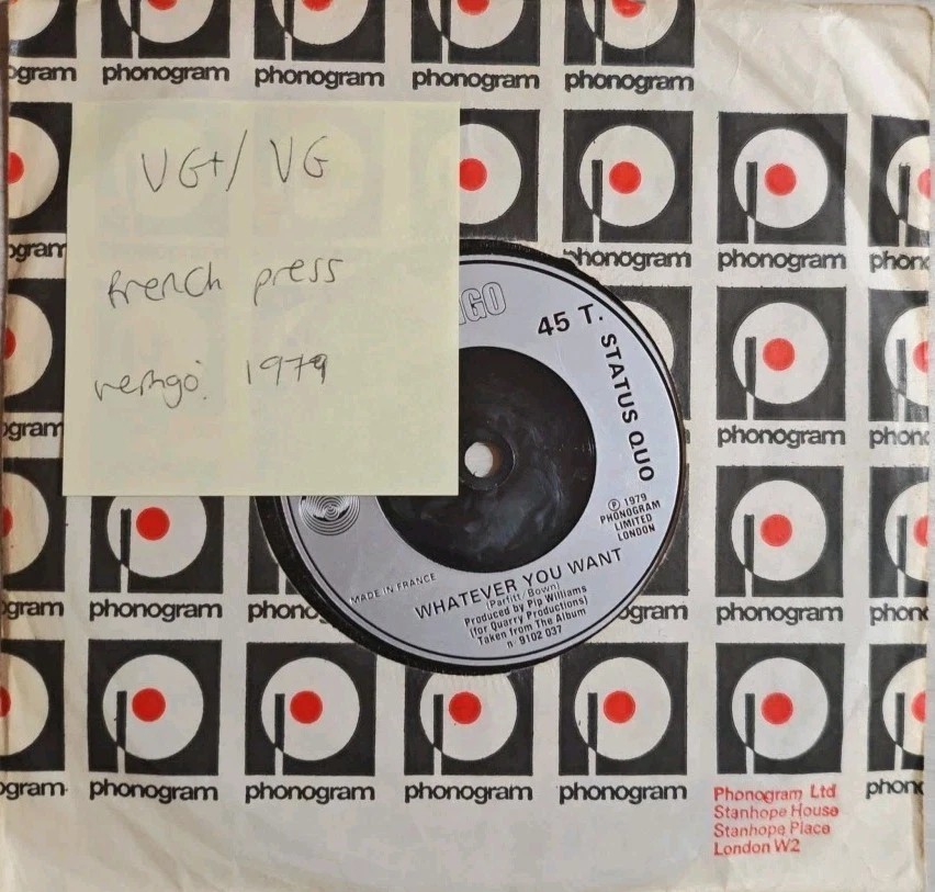 Status Quo Whatever You Want / Hard Ride Vinyl Record 7" VG+/VG 6059242 1979 sleeve Status Quo Whatever You Want / Hard Ride Vinyl Record 7" VG+/VG 6059242 1979 sleeve