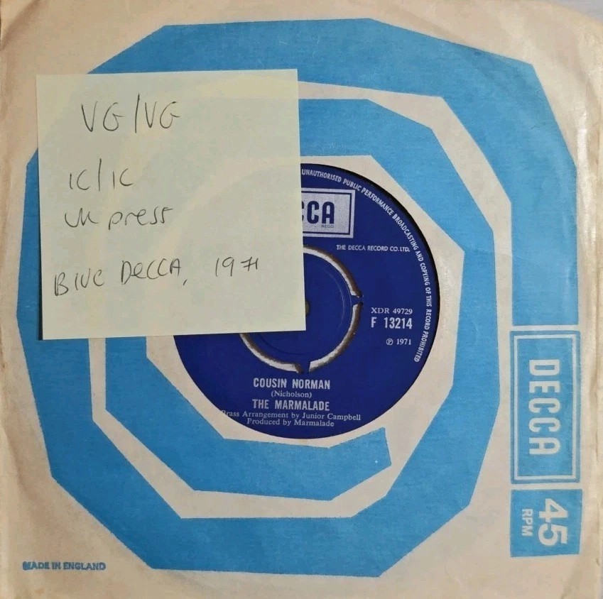 The Marmalade Cousin Norman / Lonely Man Vinyl Record 7" VG/VG F.13214 1971 vinyl record sleeve The Marmalade Cousin Norman / Lonely Man Vinyl Record 7" VG/VG F.13214 1971 vinyl record sleeve