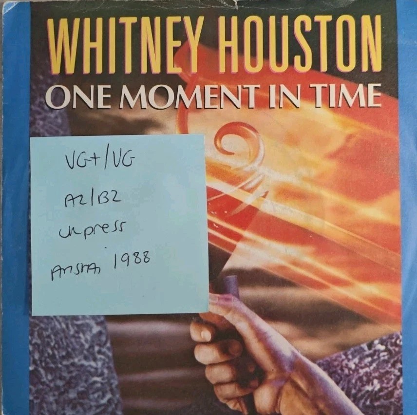 Whitney Houston One Moment in Time Vinyl Record 7" VG+/VG 111613 1988 sleeve Whitney Houston One Moment in Time Vinyl Record 7" VG+/VG 111613 1988 sleeve