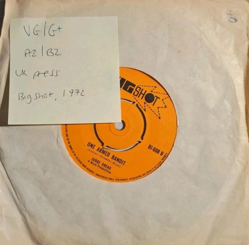 Judge Dread Big Six / One Armed Bandit Vinyl Record 7" VG/G+ B1-608 1972 sleeve Judge Dread Big Six / One Armed Bandit Vinyl Record 7" VG/G+ B1-608 1972 sleeve