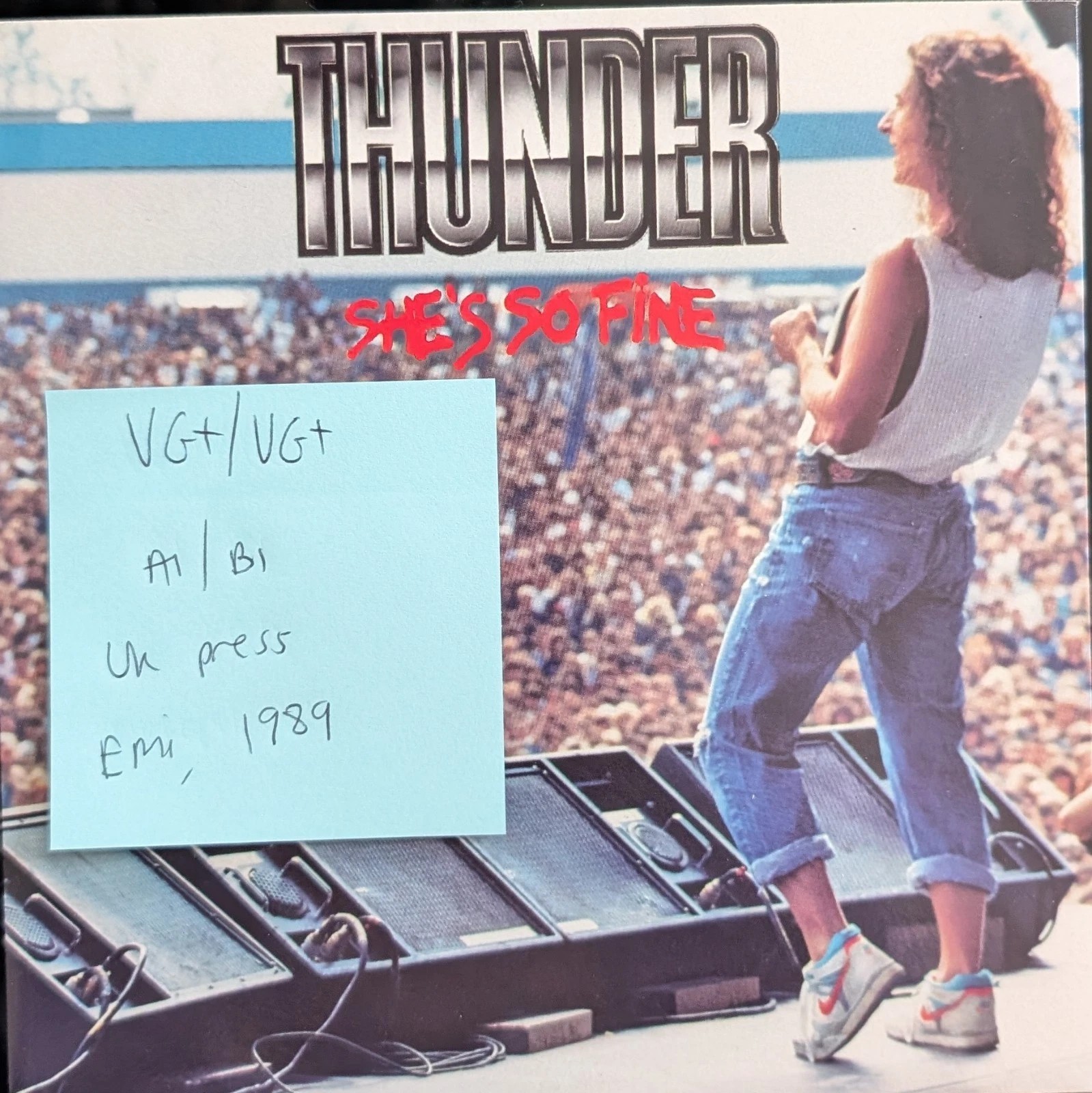 Thunder She's So Fine Vinyl Record 7" VG+/VG+ EM158 1989 sleeve Thunder She's So Fine Vinyl Record 7" VG+/VG+ EM158 1989 sleeve