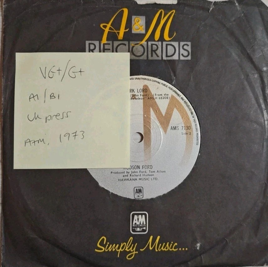 Hudson Ford Dark lord/Free Spirit Vinyl Record 7" VG+/G+ AMS7130 1973 sleeve Hudson Ford Dark lord/Free Spirit Vinyl Record 7" VG+/G+ AMS7130 1973 sleeve