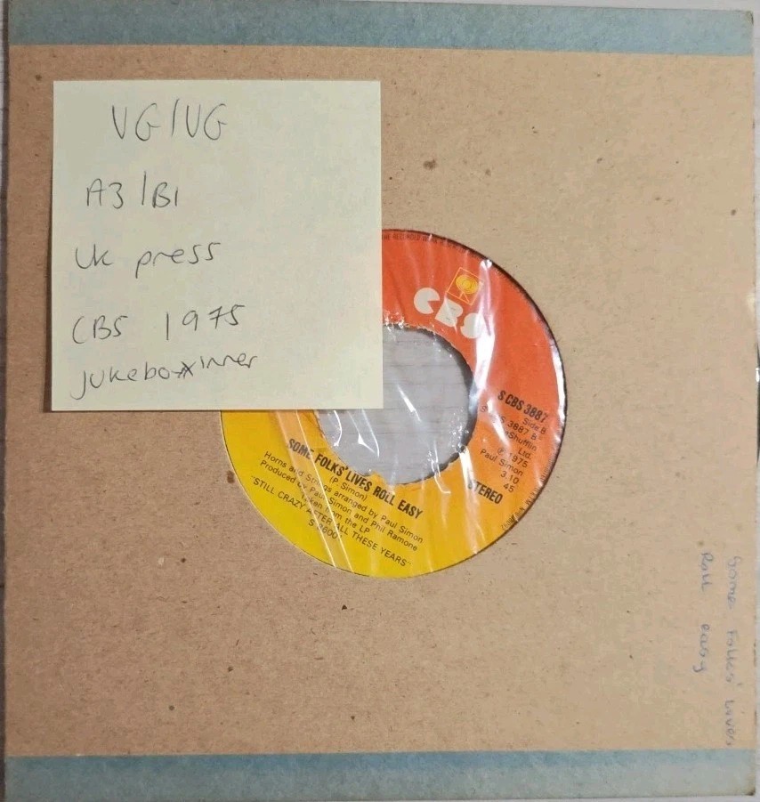 Paul Simon Some Folks Lives Roll Easy Vinyl Record 7" VG/VG CBS3887 1975 sleeve Paul Simon Some Folks Lives Roll Easy Vinyl Record 7" VG/VG CBS3887 1975 sleeve