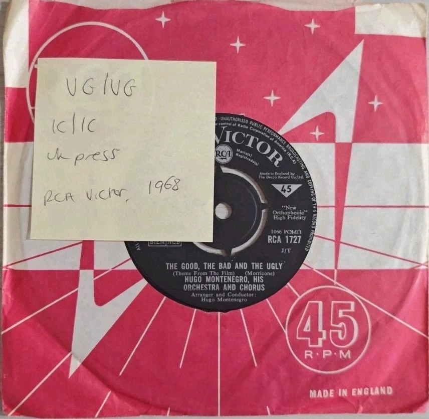 Hugo Montenegro Good The Bad & The Ugly Vinyl Record 7" VG/VG RCA1727 1968 sleeve Hugo Montenegro Good The Bad & The Ugly Vinyl Record 7" VG/VG RCA1727 1968 sleeve