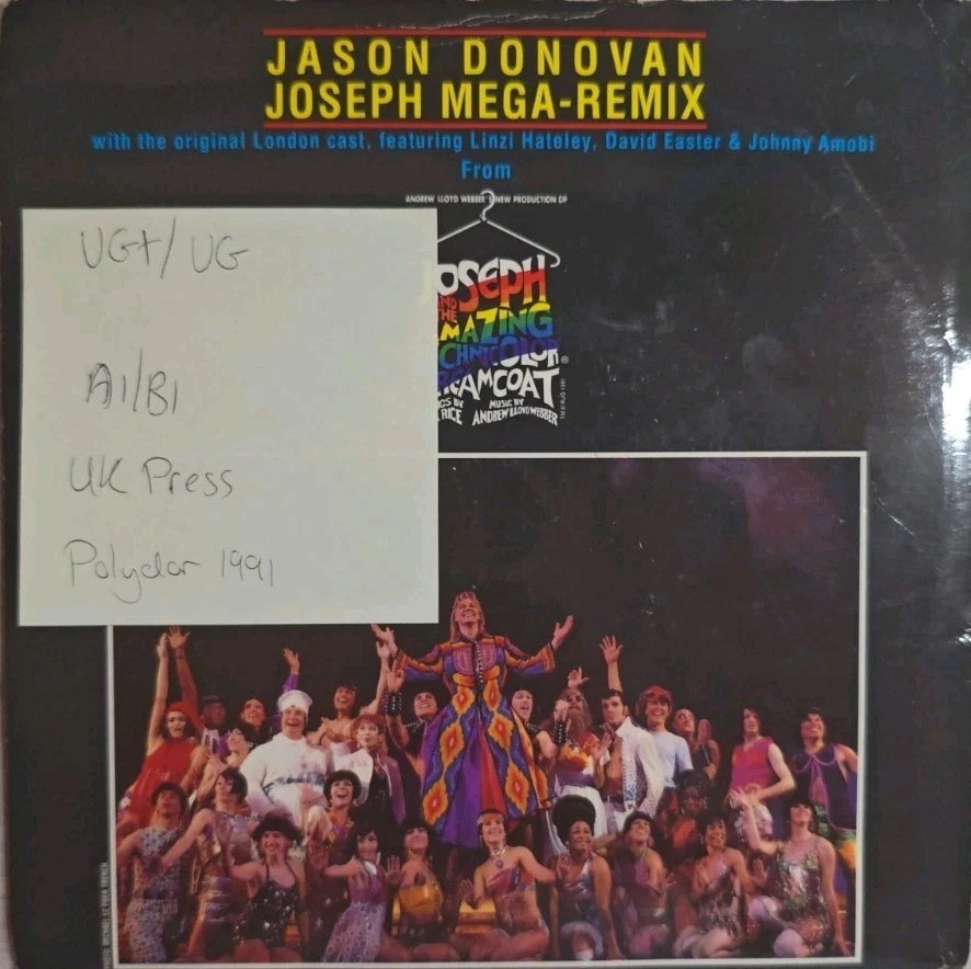 Jason Donovan Joseph Mega Remix Vinyl Record 7" VG+/VG RUR9 1991 vinyl record sleeve Jason Donovan Joseph Mega Remix Vinyl Record 7" VG+/VG RUR9 1991 vinyl record sleeve