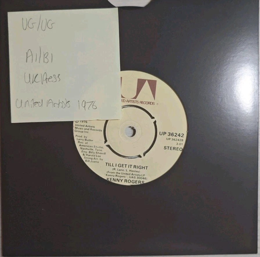 Kenny Rogers Lucille / Till I Get It Right Vinyl Record 7" VG/VG UP36242 1976 vinyl record sleeve Kenny Rogers Lucille / Till I Get It Right Vinyl Record 7" VG/VG UP36242 1976 vinyl record sleeve