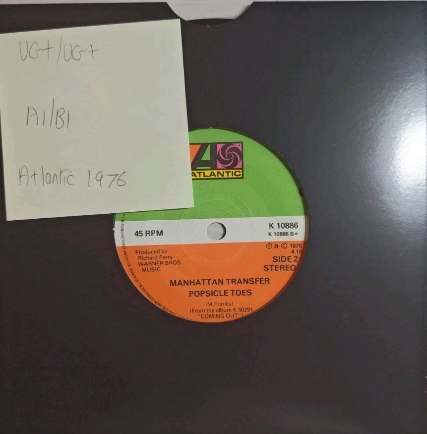 Manhattan Transfer Popsicle Toes Vinyl Record 7" VG+/VG+ K 10886 1976 sleeve Manhattan Transfer Popsicle Toes Vinyl Record 7" VG+/VG+ K 10886 1976 sleeve