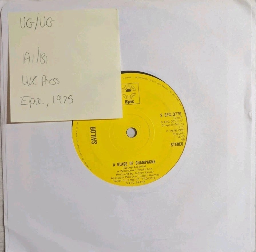 Sailor A Glass Of Champagne Vinyl Record 7" VG/VG EPC 3770 1975 sleeve Sailor A Glass Of Champagne Vinyl Record 7" VG/VG EPC 3770 1975 sleeve