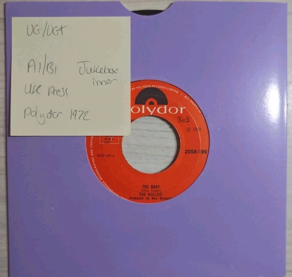 Hollies The Baby Vinyl Record 7" VG/VG+ 2058-199 1972 sleeve Hollies The Baby Vinyl Record 7" VG/VG+ 2058-199 1972 sleeve