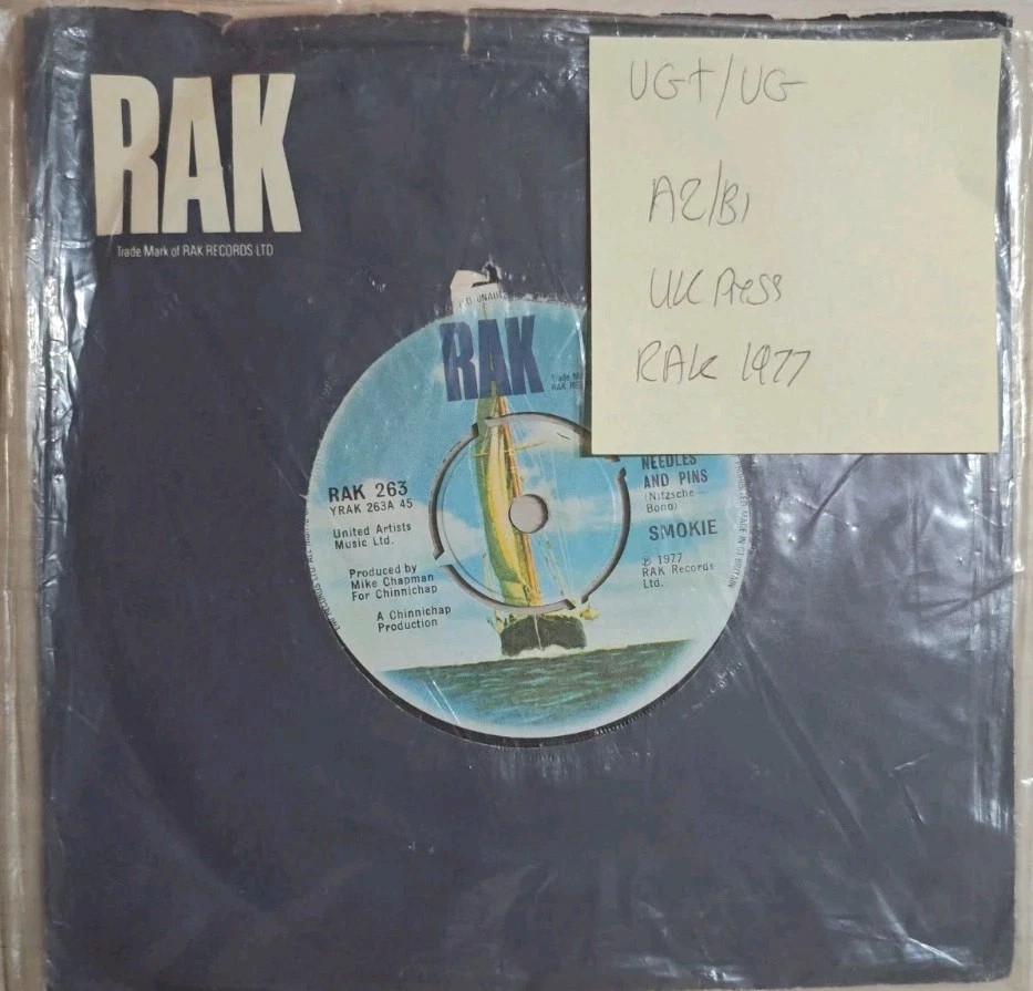 Smokie Needles And Pins Vinyl Record 7" VG+/VG+ RAK 263 sleeve Smokie Needles And Pins Vinyl Record 7" VG+/VG+ RAK 263 sleeve