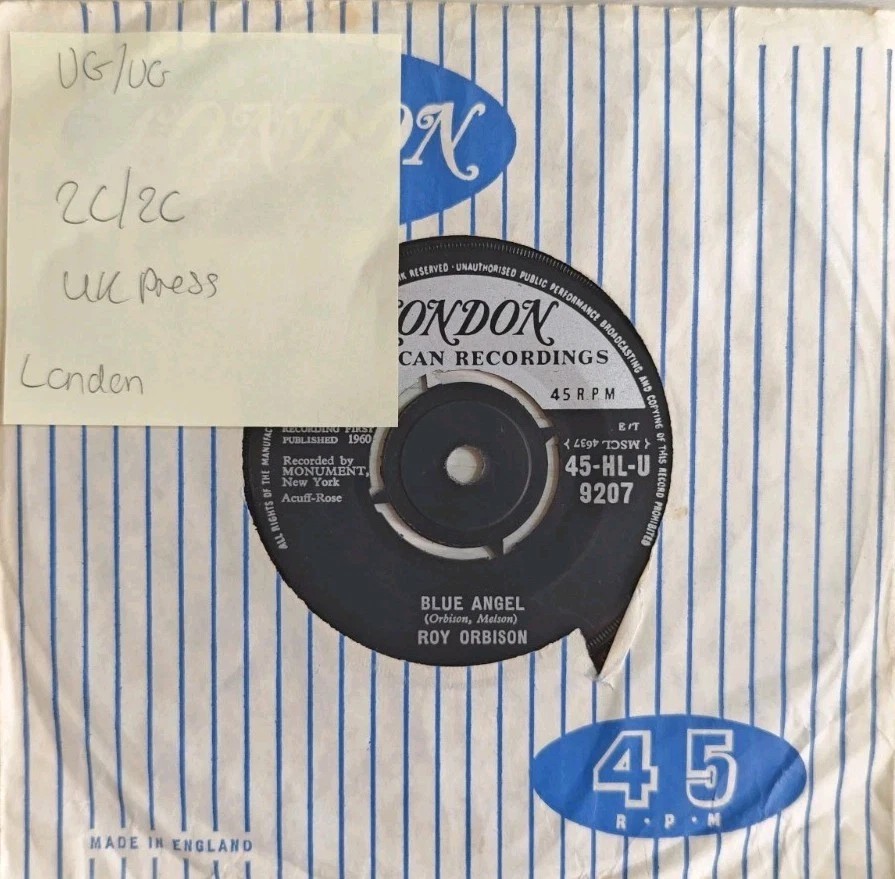 Roy Orbison Blue Angel Vinyl Record 7" VG/VG 45-HL-U9207 sleeve Roy Orbison Blue Angel Vinyl Record 7" VG/VG 45-HL-U9207 sleeve