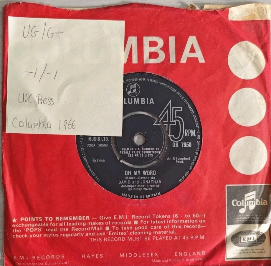 David & Jonathan Lovers Of The World Unite Vinyl Record 7" VG/VG+ DB7950 1966 sleeve David & Jonathan Lovers Of The World Unite Vinyl Record 7" VG/VG+ DB7950 1966 sleeve