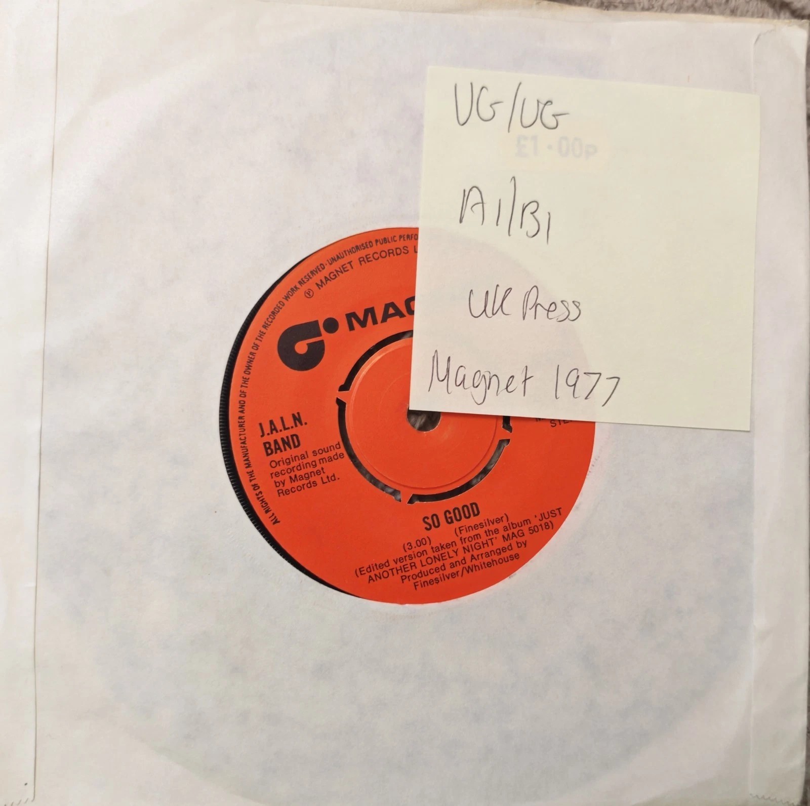 J.A.L.N. Band So Good Vinyl Record 7" VG/VG MAG105 1977 sleeve J.A.L.N. Band So Good Vinyl Record 7" VG/VG MAG105 1977 sleeve
