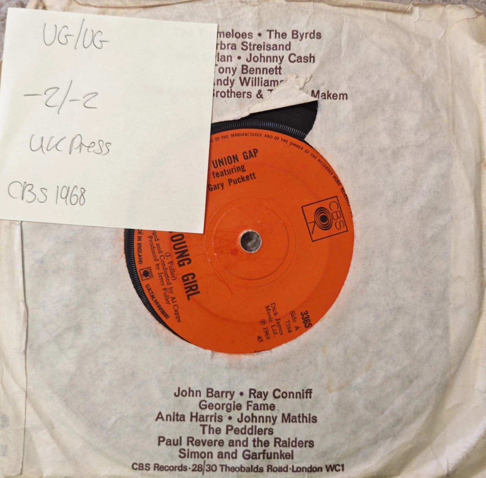 The Union Gap Young Girl / I'm Losing You Vinyl Record 7" VG/VG CBS 3365 1968 sleeve The Union Gap Young Girl / I'm Losing You Vinyl Record 7" VG/VG CBS 3365 1968 sleeve
