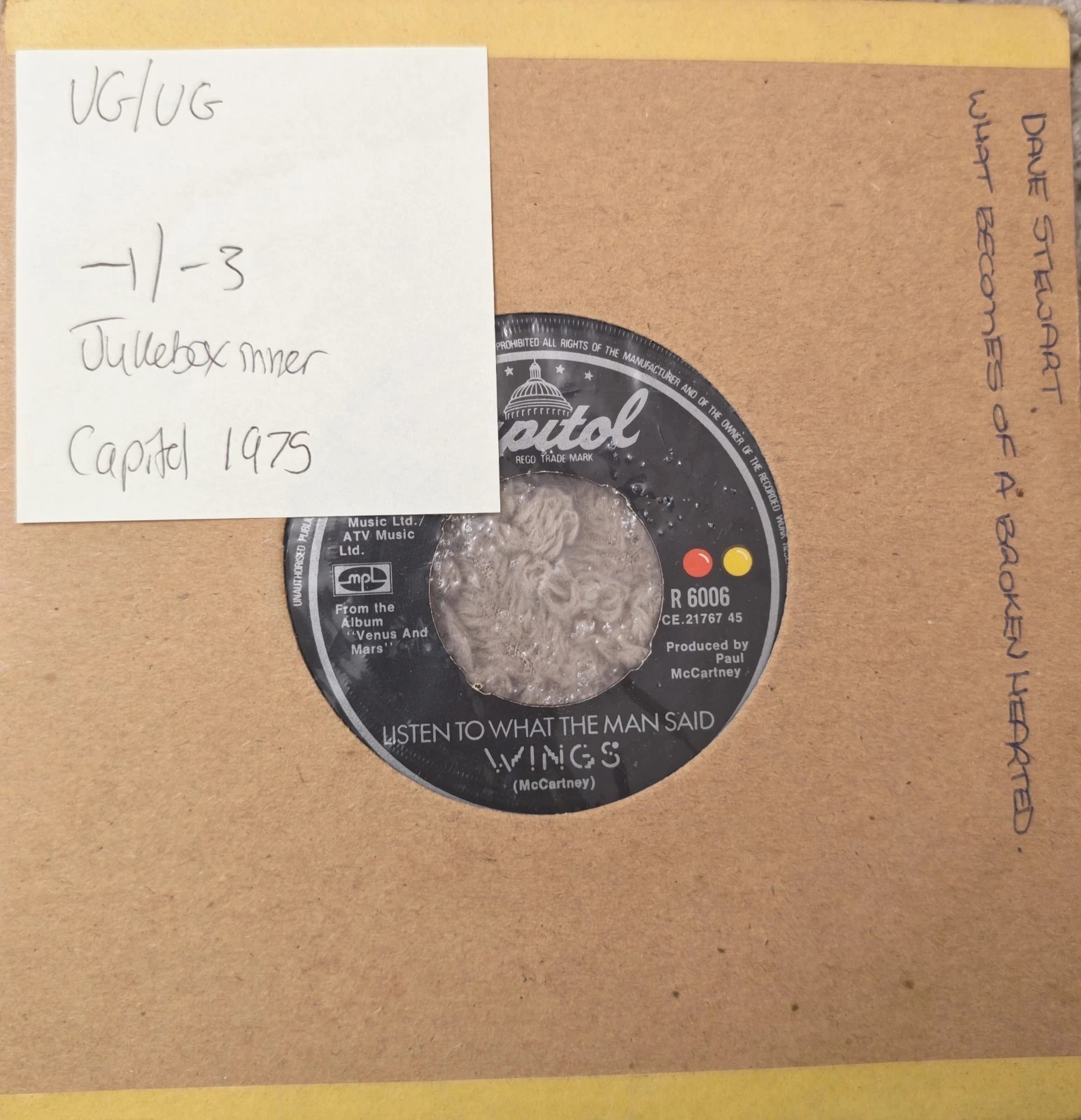 Wings Listen To What The Man Said Vinyl Record 7" VG/VG R 6006 1975 sleeve Wings Listen To What The Man Said Vinyl Record 7" VG/VG R 6006 1975 sleeve