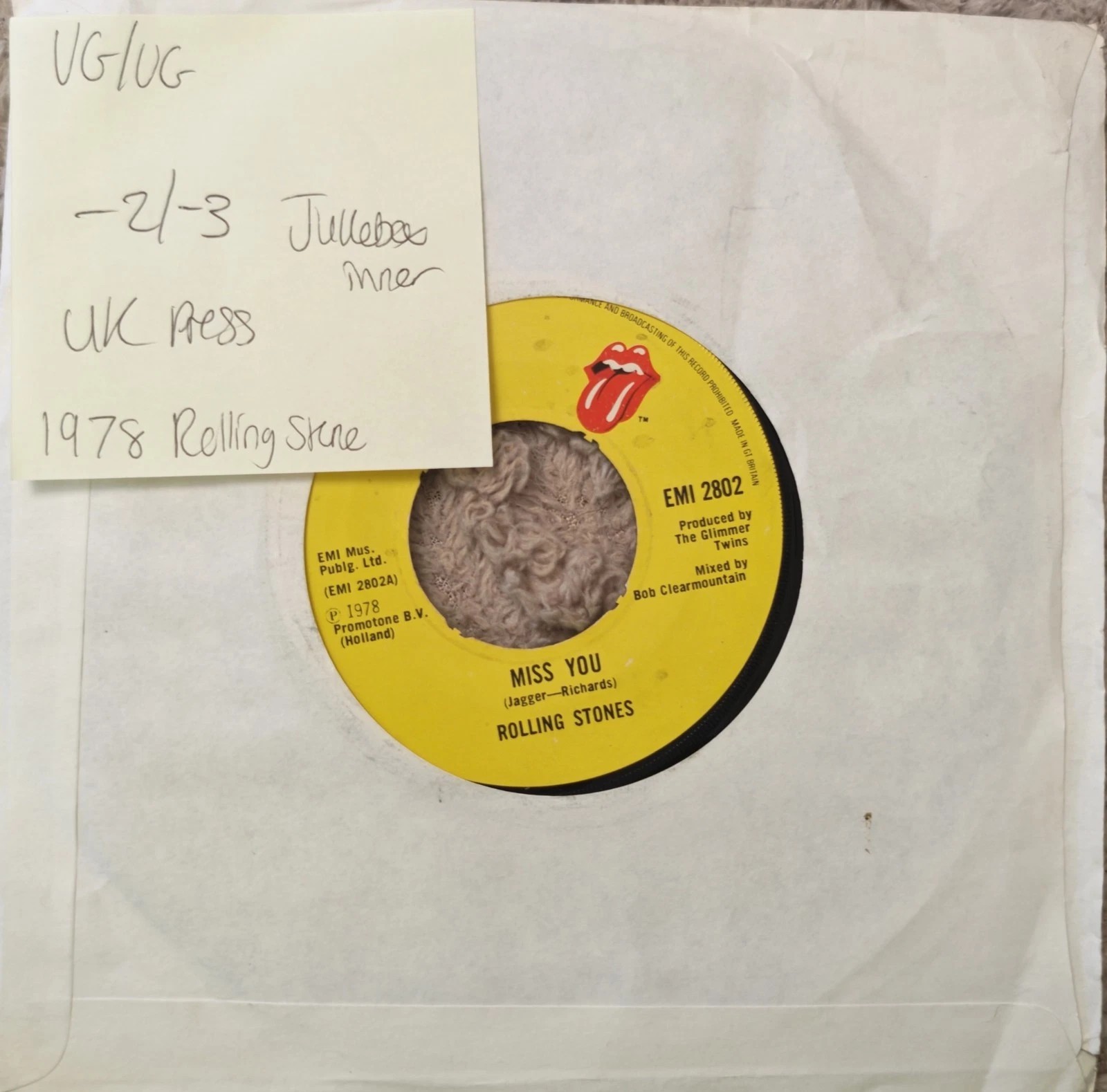 Rolling Stones Miss You Vinyl Record 7" VG/VG 2802 1978 sleeve Rolling Stones Miss You Vinyl Record 7" VG/VG 2802 1978 sleeve