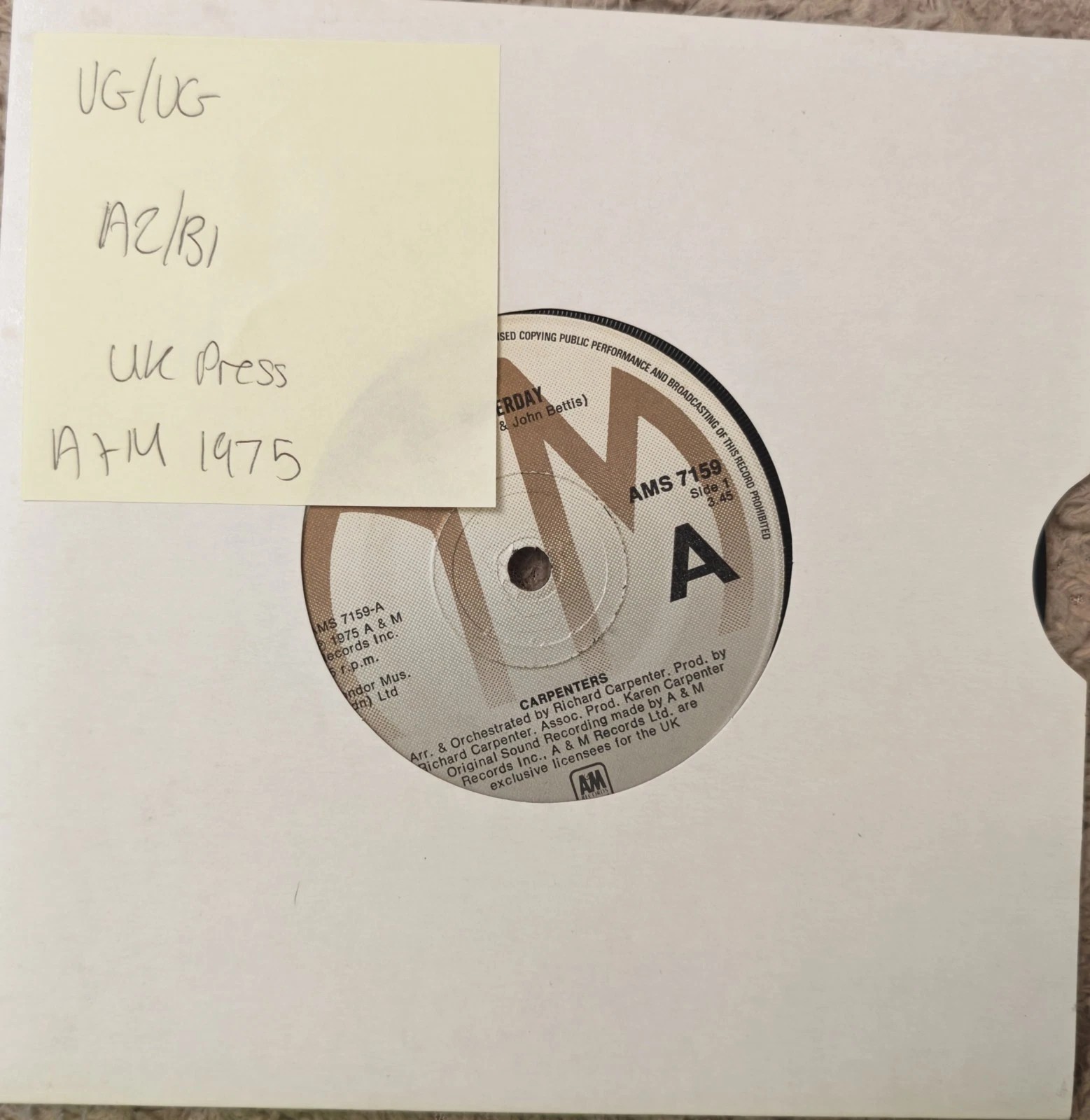 Carpenters Jolly Festival Vinyl Record 7" VG/VG AMS 7159 1975 sleeve Carpenters Jolly Festival Vinyl Record 7" VG/VG AMS 7159 1975 sleeve