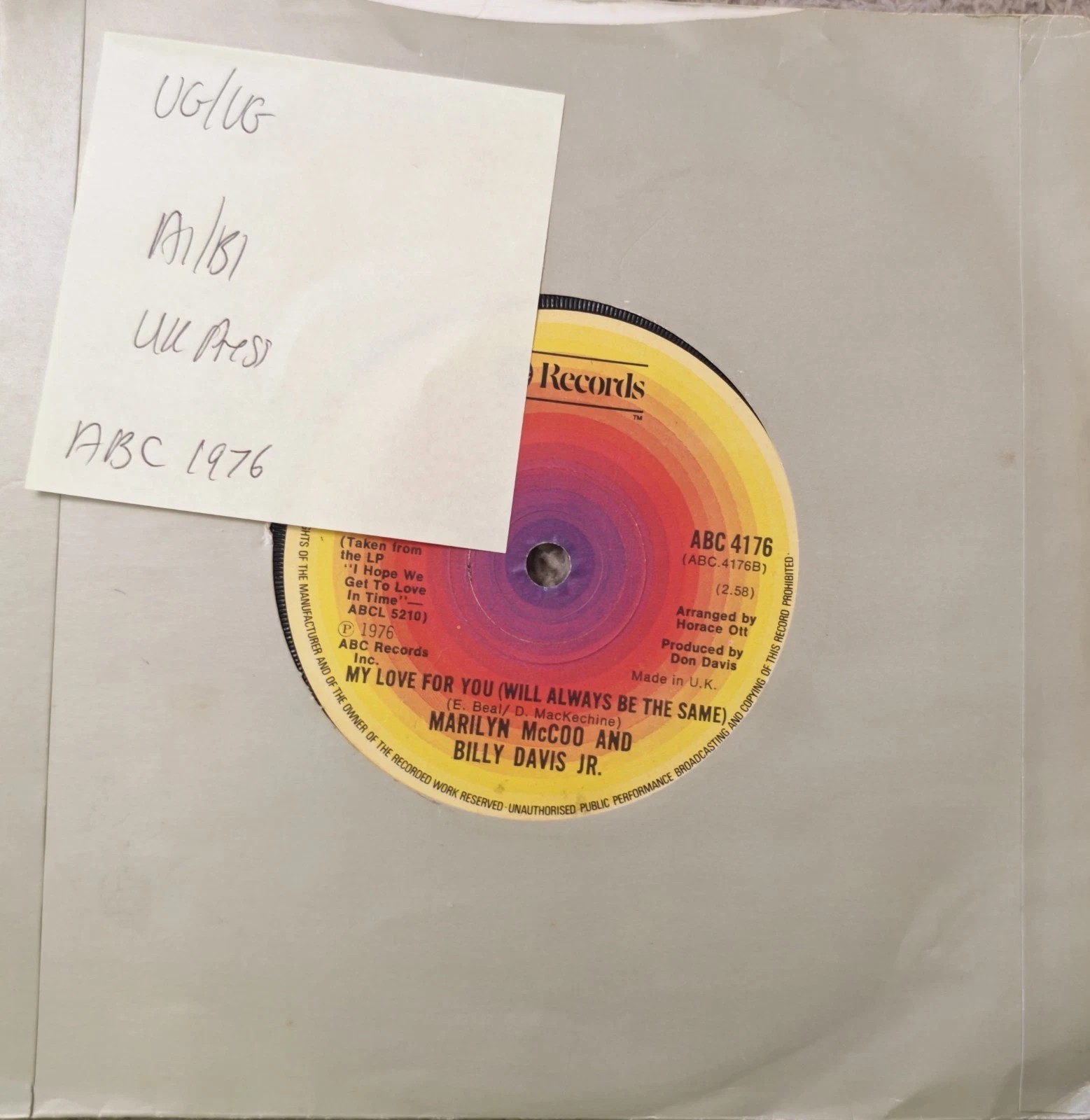 Marilyn McCoo/Billy Davis Jr Your Love Vinyl Record 7" VG/VG ABC 4176 sleeve Marilyn McCoo/Billy Davis Jr Your Love Vinyl Record 7" VG/VG ABC 4176 sleeve