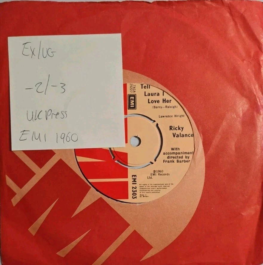 Ricky Valance Tell Laura I Love Her Vinyl Record 7" EX/VG EMI 2303 1960 sleeve Ricky Valance Tell Laura I Love Her Vinyl Record 7" EX/VG EMI 2303 1960 sleeve