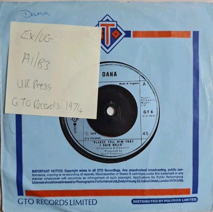 Dana Please Tell Him That I Said Hello Vinyl Record 7" EX/VG GT6 sleeve Dana Please Tell Him That I Said Hello Vinyl Record 7" EX/VG GT6 sleeve