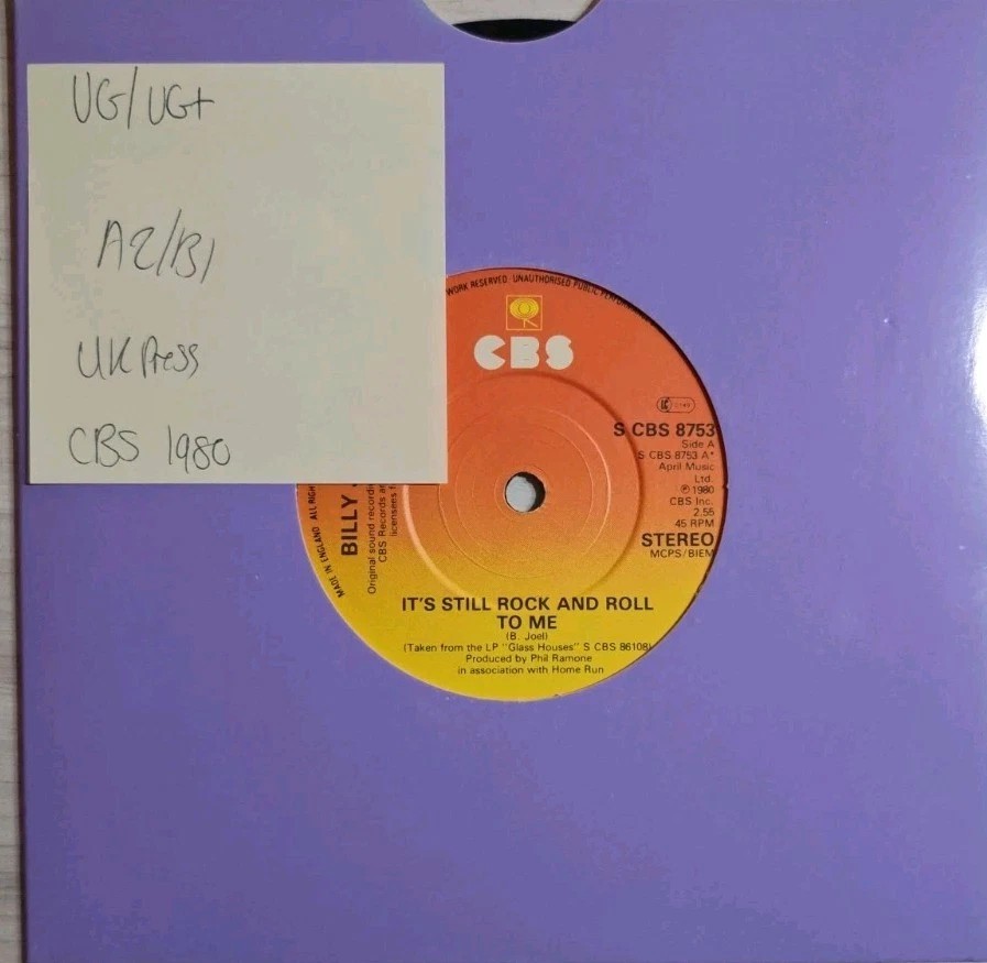 Billy Joel It's Still Rock And Roll To Me Vinyl Record 7" VG/VG+ CBS 8753 sleeve Billy Joel It's Still Rock And Roll To Me Vinyl Record 7" VG/VG+ CBS 8753 sleeve