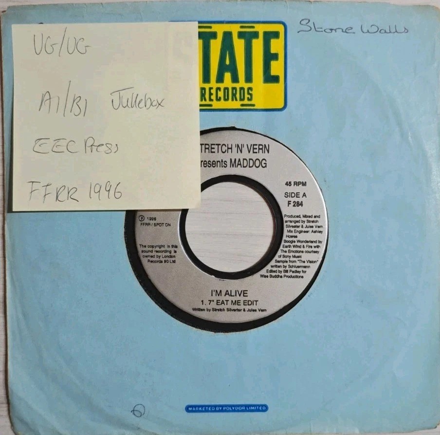 Stretch N Vern presents Maddog I'm Alive Vinyl Record 7" VG/VG F284 1996 sleeve Stretch N Vern presents Maddog I'm Alive Vinyl Record 7" VG/VG F284 1996 sleeve