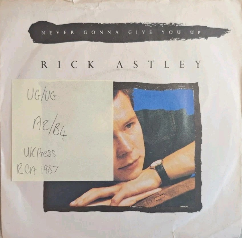 Rick Astley Never Gonna Give You Up Vinyl Record 7" VG/VG PB41447 1987 sleeve Rick Astley Never Gonna Give You Up Vinyl Record 7" VG/VG PB41447 1987 sleeve