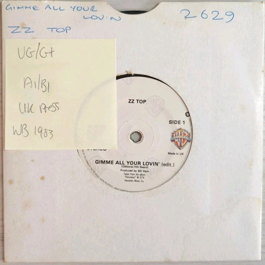ZZ Top Gimme All Your Lovin' Vinyl Record 7" VG/G+ W9693 1983 sleeve ZZ Top Gimme All Your Lovin' Vinyl Record 7" VG/G+ W9693 1983 sleeve