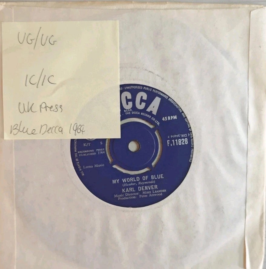 Karl Denver My World of Blue Vinyl Record 7" VG/VG F11828 1984 sleeve Karl Denver My World of Blue Vinyl Record 7" VG/VG F11828 1984 sleeve