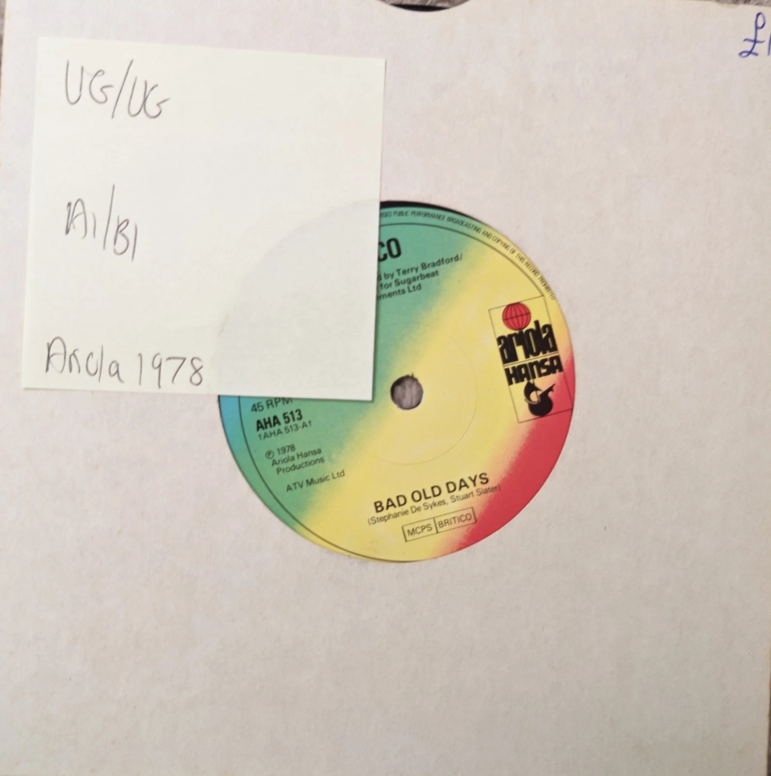 Co-Co Bad Old Days Vinyl Record 7" VG/VG AHA513 1978 sleeve Co-Co Bad Old Days Vinyl Record 7" VG/VG AHA513 1978 sleeve