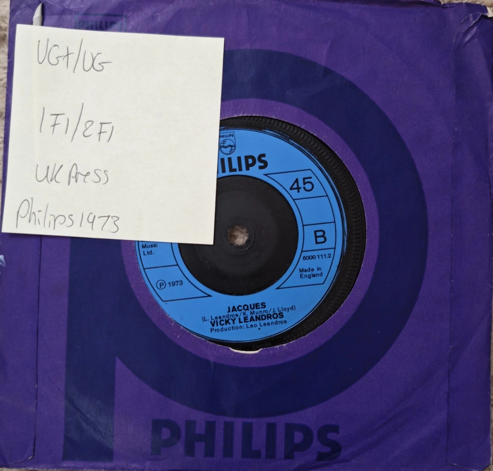 Vicky Leandros When Bouzoukis Played Vinyl Record 7" VG+/VG 6000111 1973 sleeve Vicky Leandros When Bouzoukis Played Vinyl Record 7" VG+/VG 6000111 1973 sleeve
