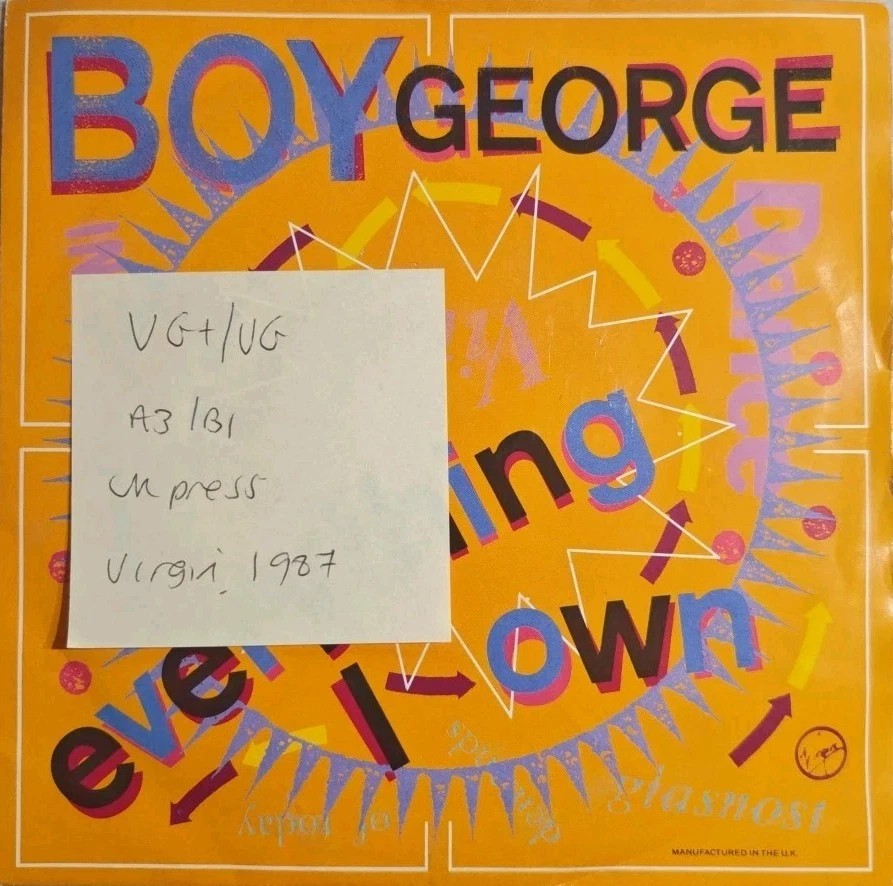 Boy George Everything I Own/Use Me Vinyl Record 7" VG+/VG BOY 100 1987 sleeve Boy George Everything I Own/Use Me Vinyl Record 7" VG+/VG BOY 100 1987 sleeve