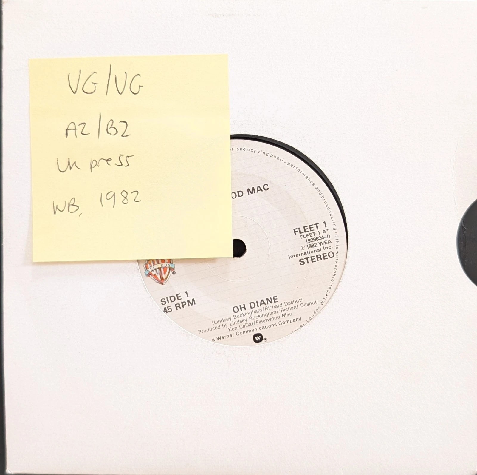 Fleetwood Mac Oh Diane Vinyl Record 7" VG/VG FLEET 1 1982 sleeve Fleetwood Mac Oh Diane Vinyl Record 7" VG/VG FLEET 1 1982 sleeve