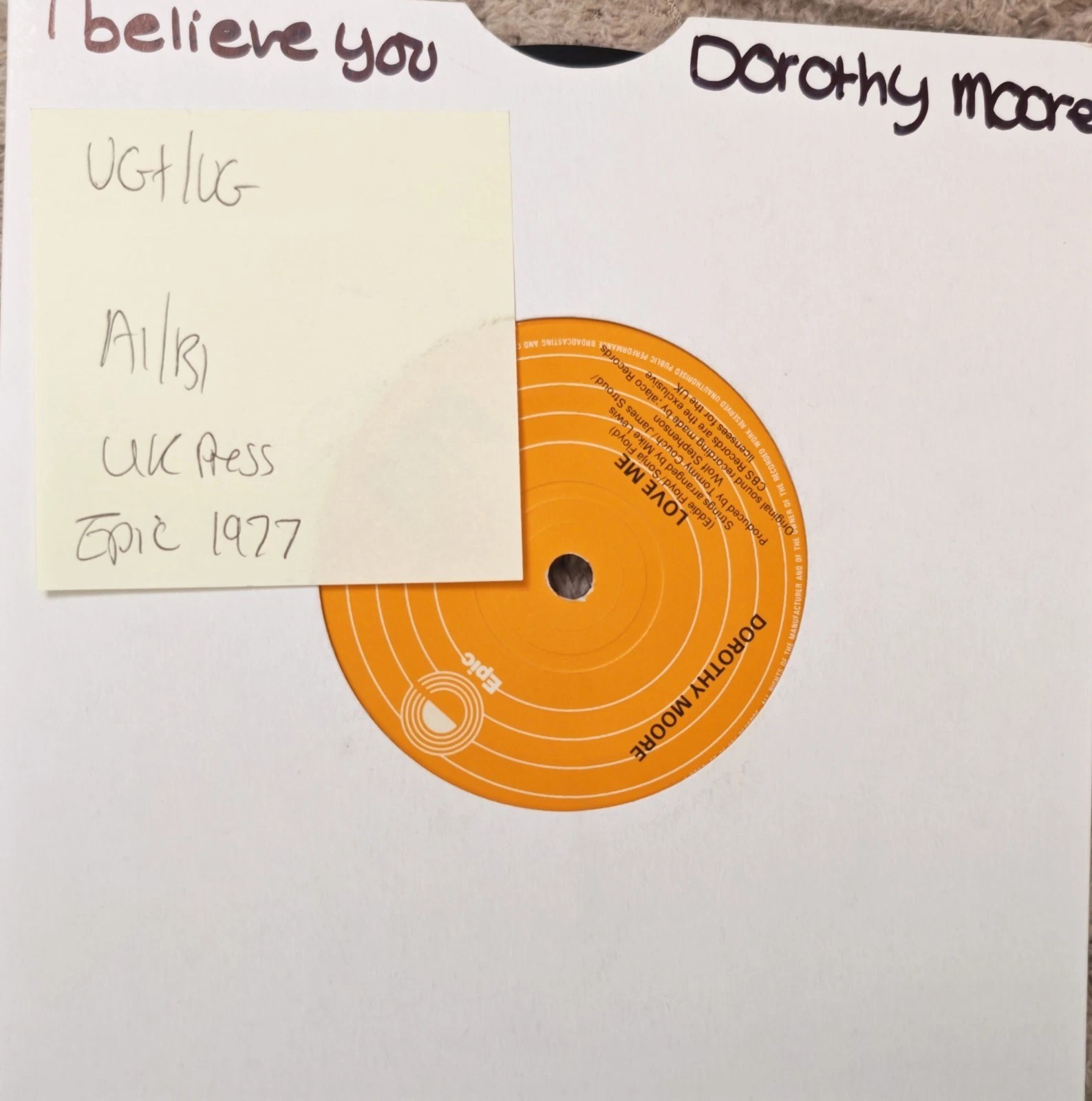 Dorothy Moore I Believe You Vinyl Record 7" VG+/VG EPC 5573 1977 sleeve Dorothy Moore I Believe You Vinyl Record 7" VG+/VG EPC 5573 1977 sleeve