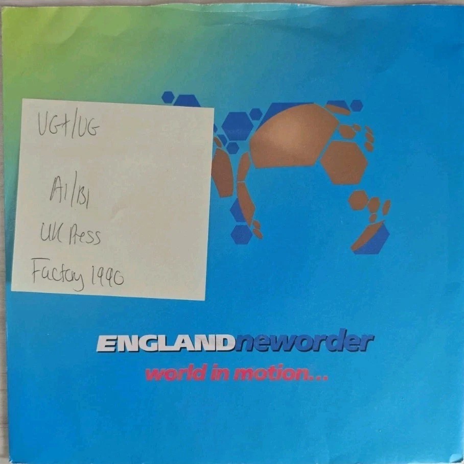 New Order World in Motion Vinyl Record 7" VG+/VG Fac 293 1990 sleeve New Order World in Motion Vinyl Record 7" VG+/VG Fac 293 1990 sleeve
