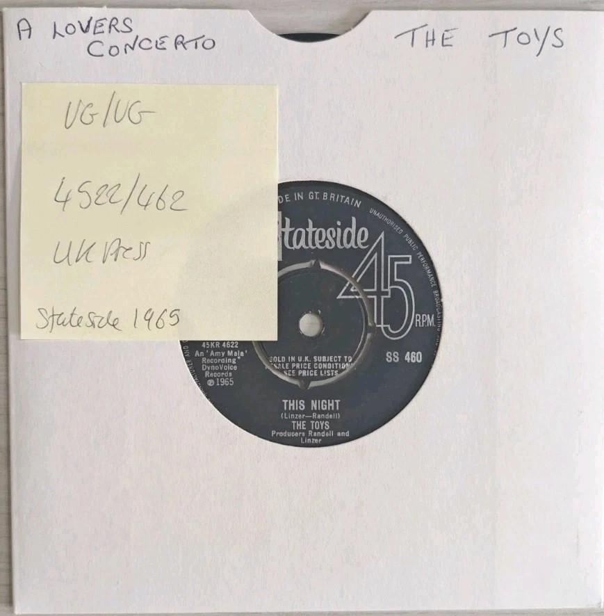 The Toys A Lovers Concerto Vinyl Record 7" VG/VG SS 460 1965 sleeve The Toys A Lovers Concerto Vinyl Record 7" VG/VG SS 460 1965 sleeve