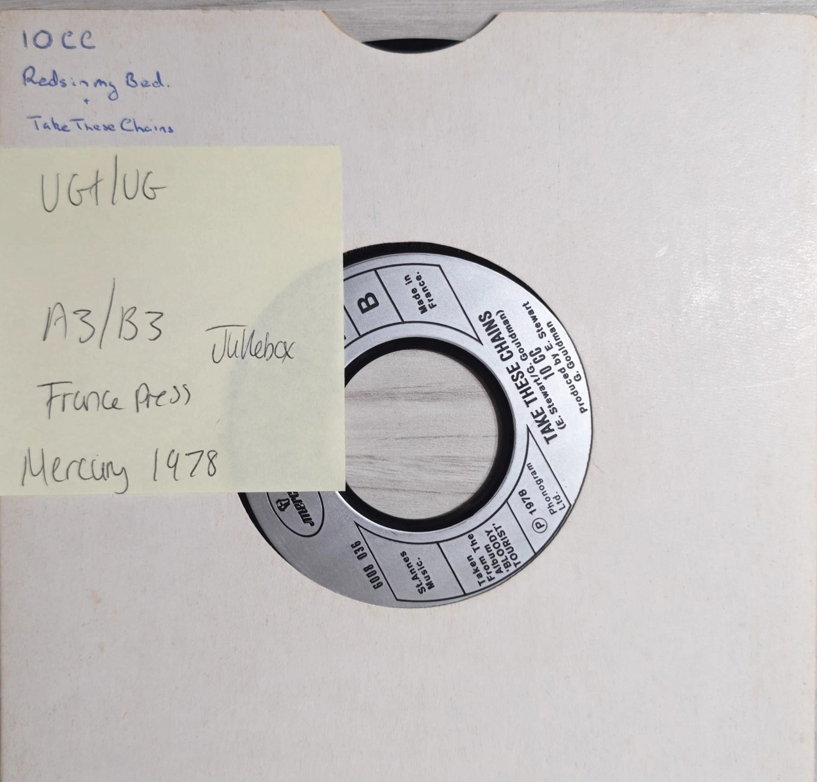 10cc Reds In My Bed / Take These Chains Vinyl Record 7" VG+/VG 6008036 sleeve 10cc Reds In My Bed / Take These Chains Vinyl Record 7" VG+/VG 6008036 sleeve