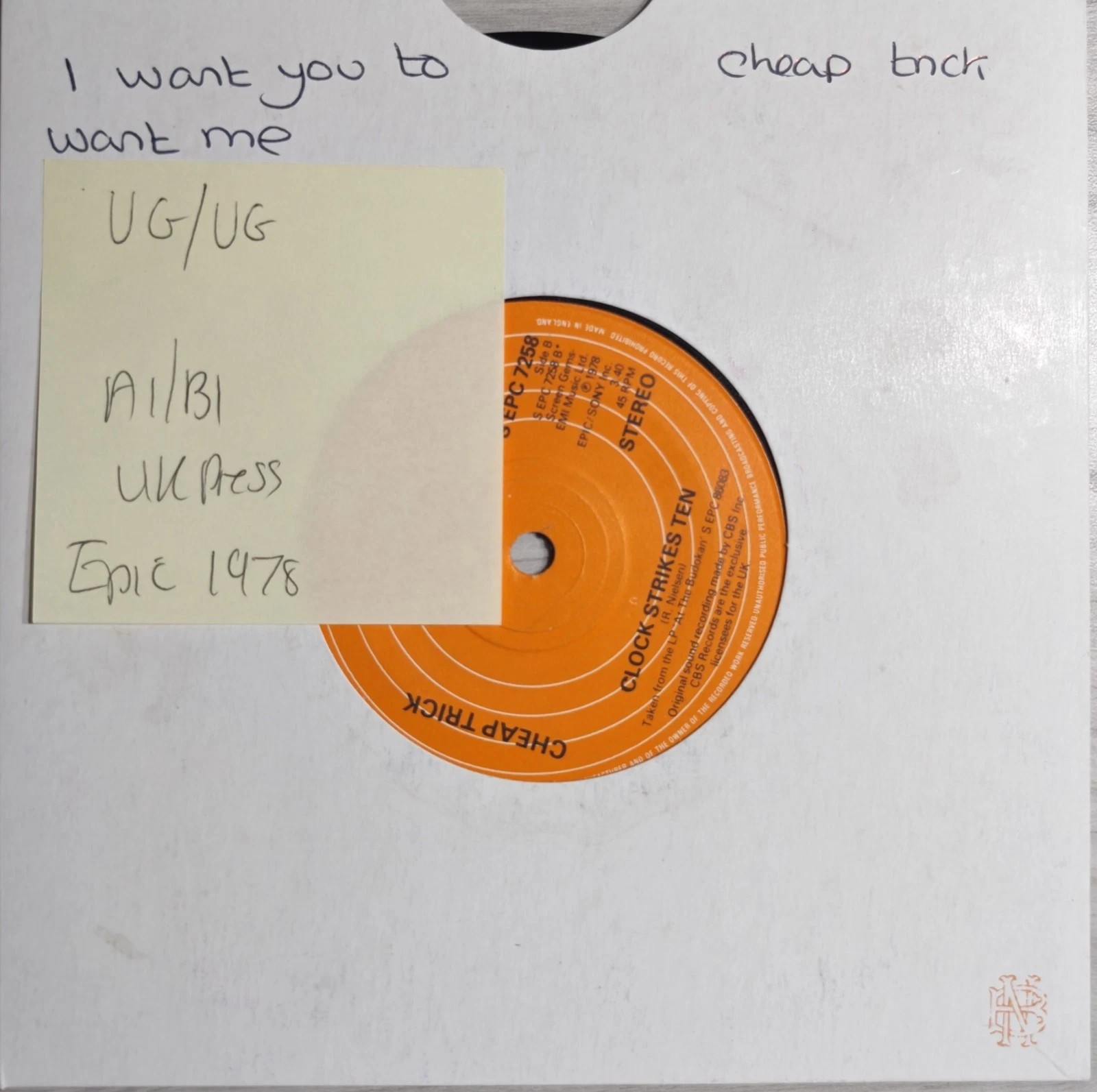 Cheap Trick I Want You To Want Me Vinyl Record 7" VG/VG EPC 7258 1978 sleeve Cheap Trick I Want You To Want Me Vinyl Record 7" VG/VG EPC 7258 1978 sleeve