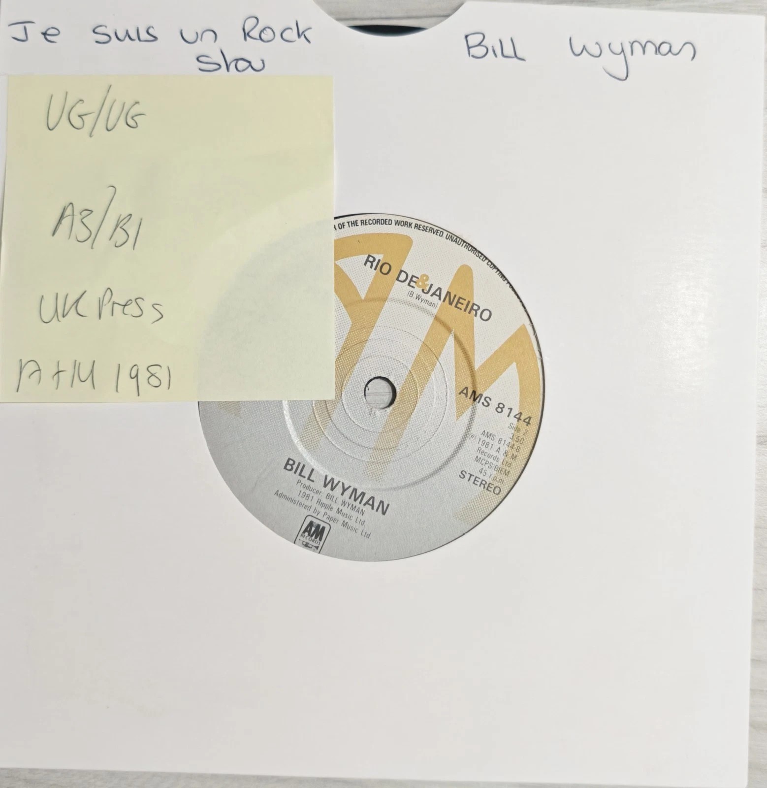 Bill Wyman Rio De Janeiro Vinyl Record 7" VG/VG AMS 8144 1981 sleeve Bill Wyman Rio De Janeiro Vinyl Record 7" VG/VG AMS 8144 1981 sleeve